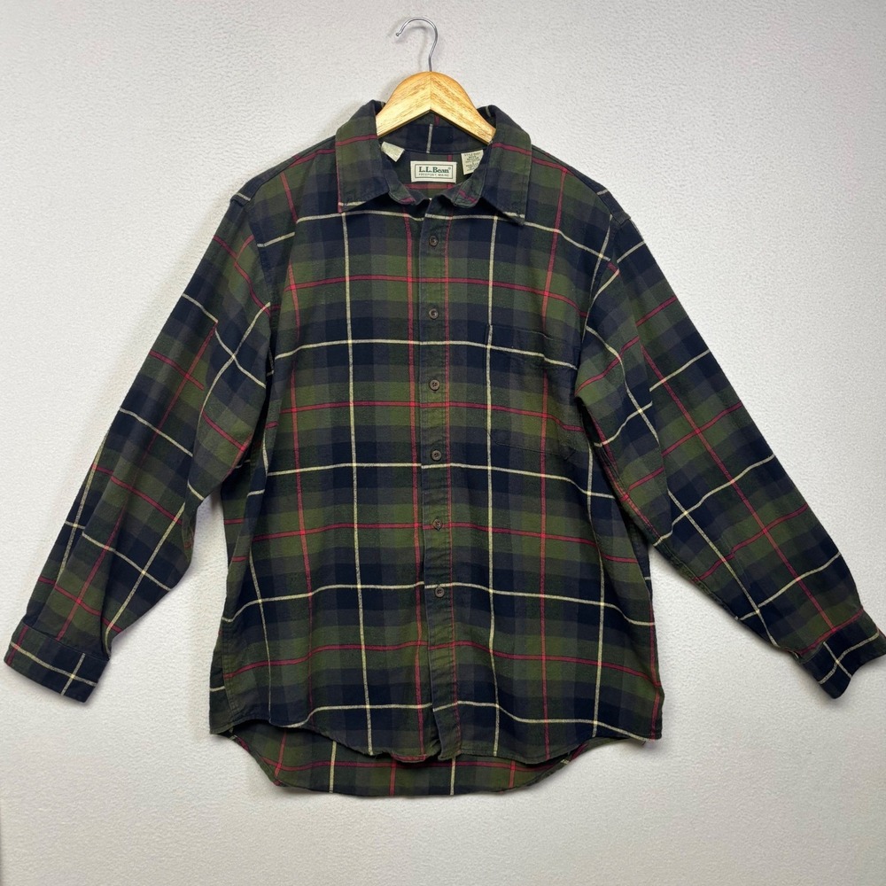 Vintage Gorpcore LL Bean Mens L Green Plaid Flannel Button Up Shirt USA Made